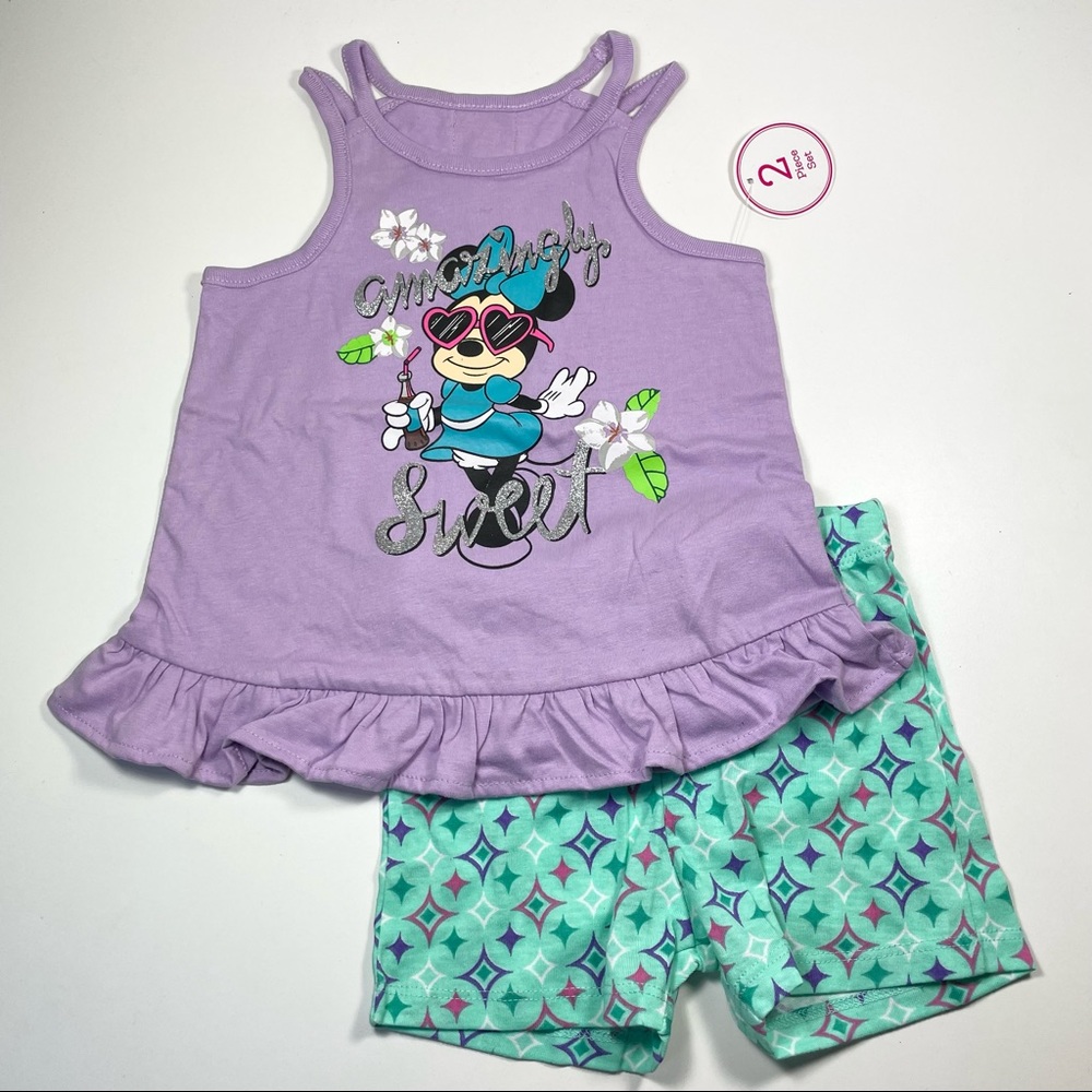 NWT Minnie Screen Print Tank Top With Printed Bike Shorts Size 3T